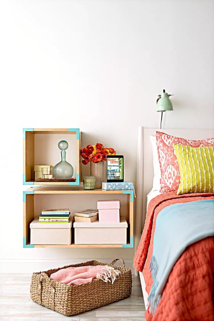 Bright bedroom with storage