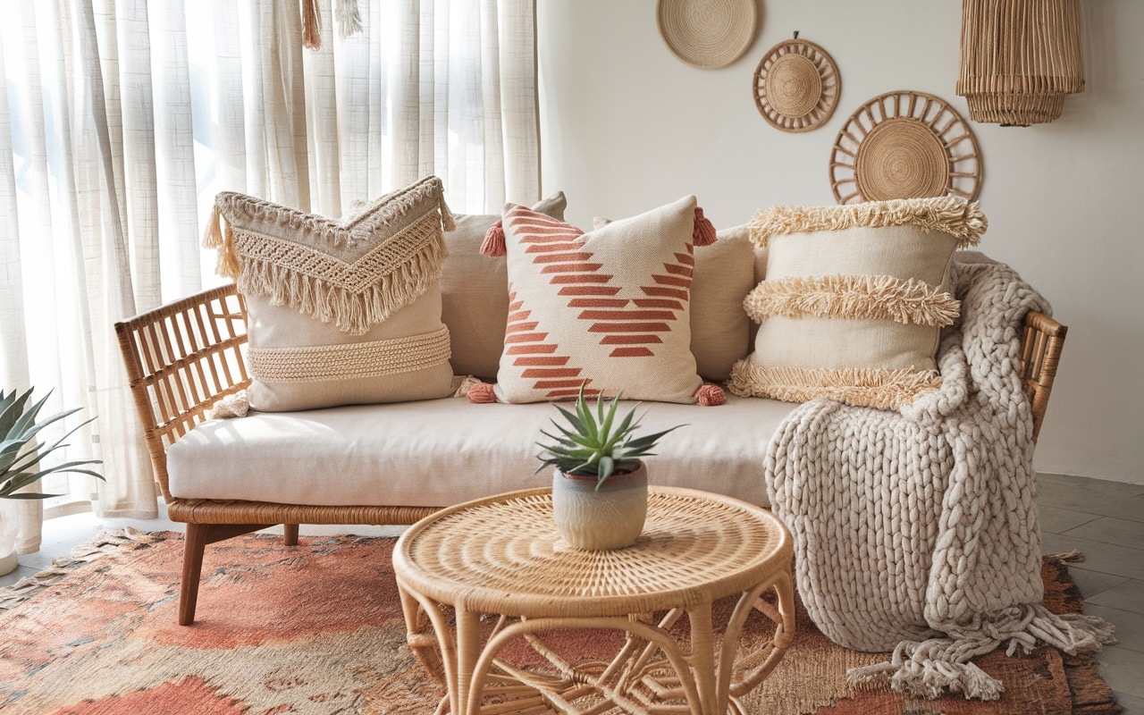 Boho living room with affordable throw pillows in NYC