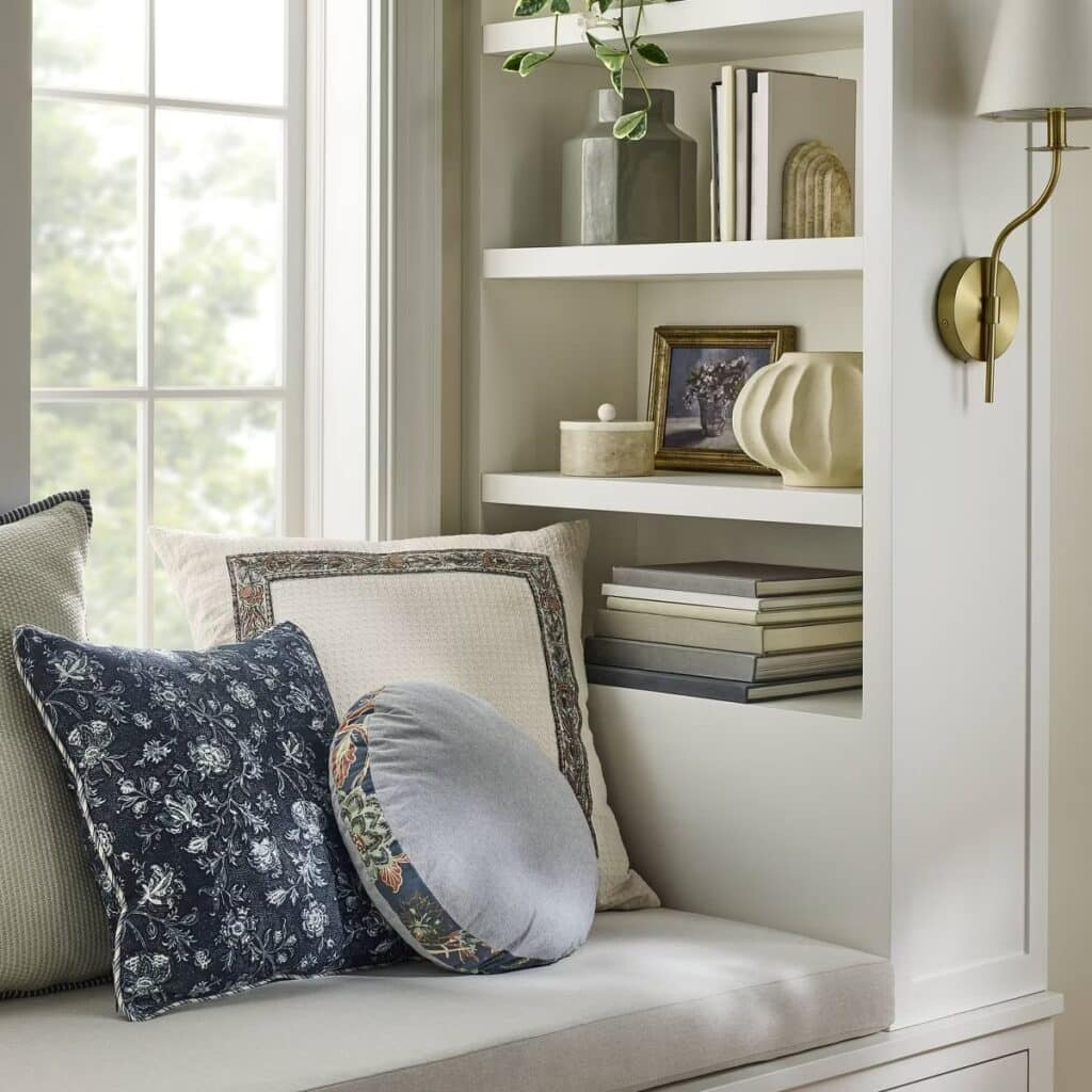 Studio McGee throw pillows from Target on a window seat for our Target home finds guide.