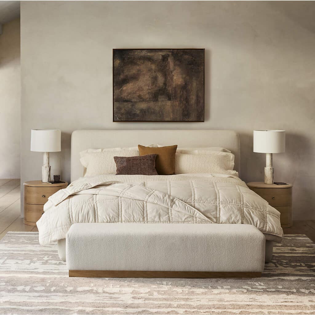Primary bedroom showing proper scale for nightstands and lamps