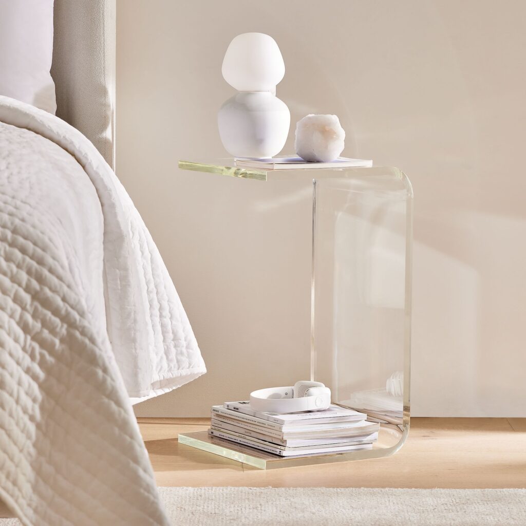 Acrylic bedside table for small spaces from West Elm