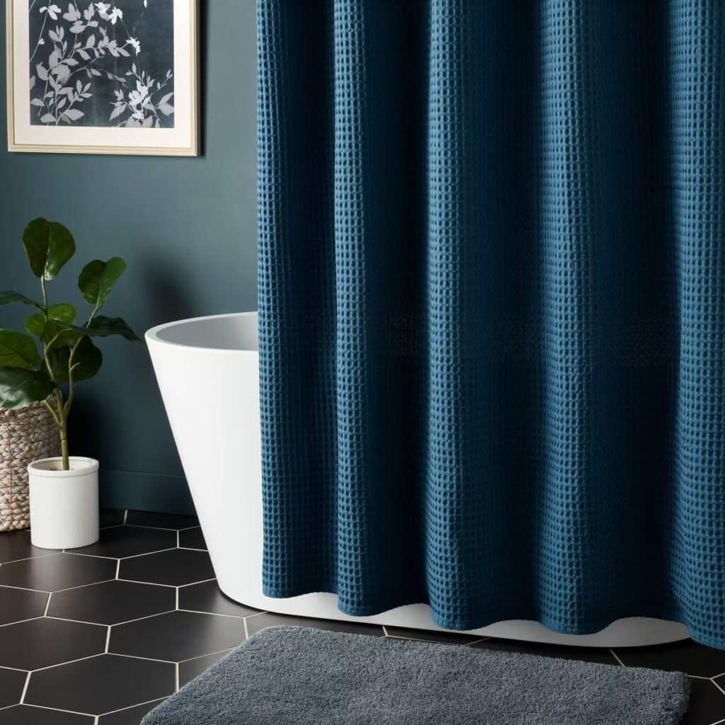 Dark teal waffle weave shower curtain from our target home finds guide.