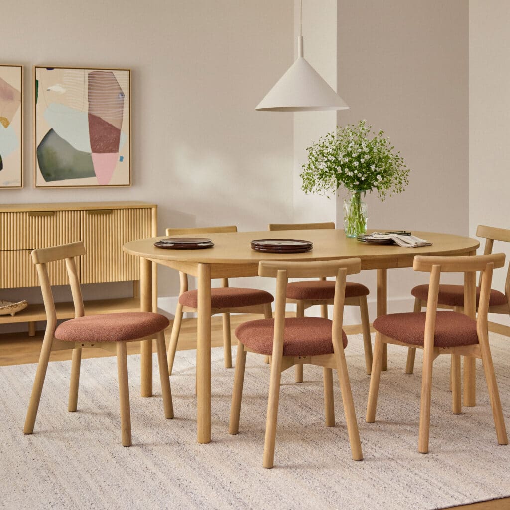 Dining table with chairs in performance easy-care fabric