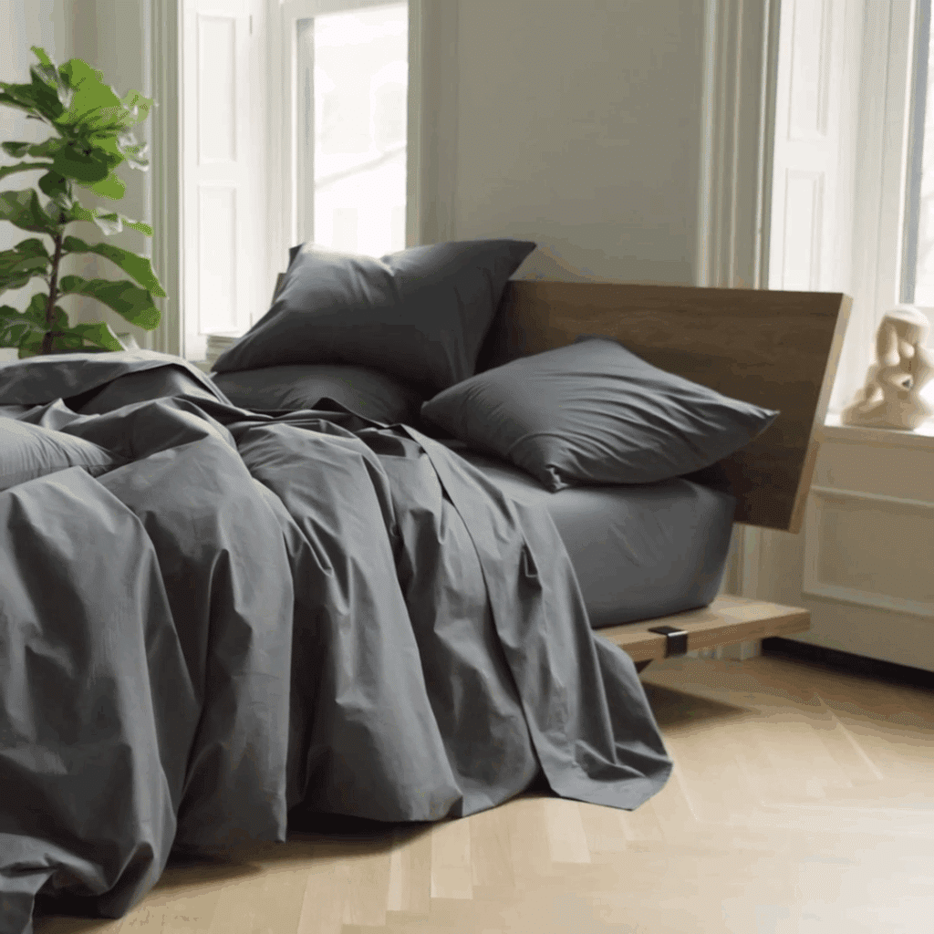 Bed with dark gray sheet set