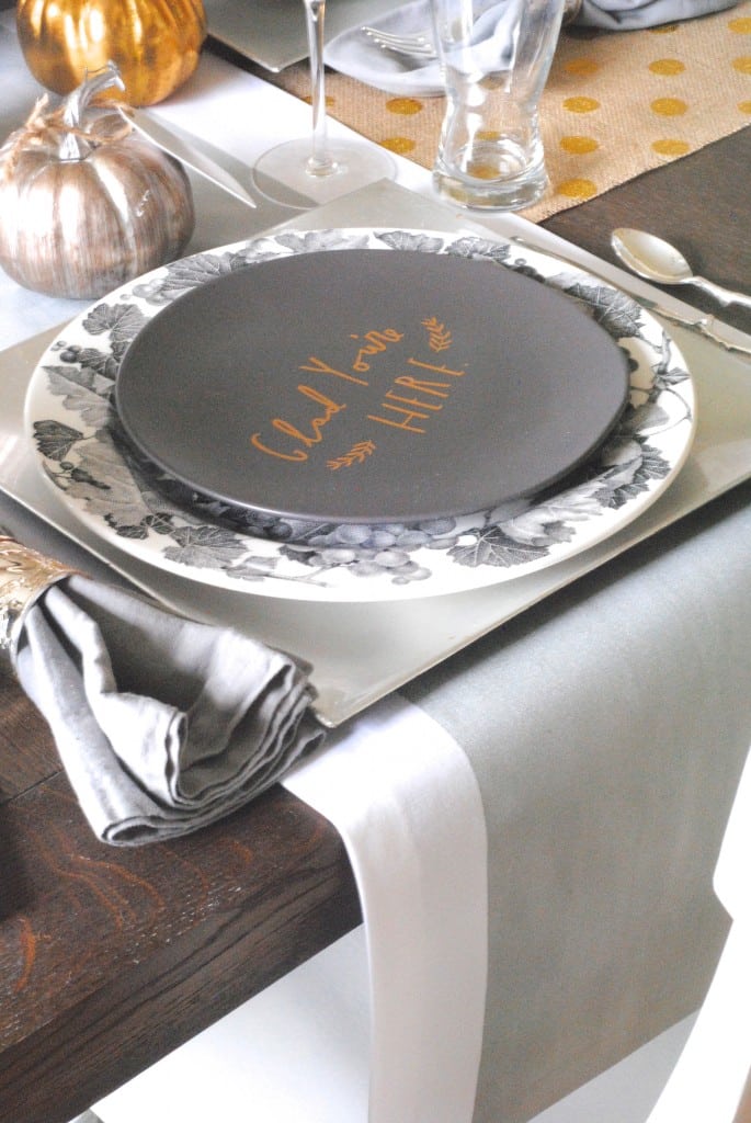 Thanksgiving decorating idea showing mixed metals on a Thanksgiving table setting.