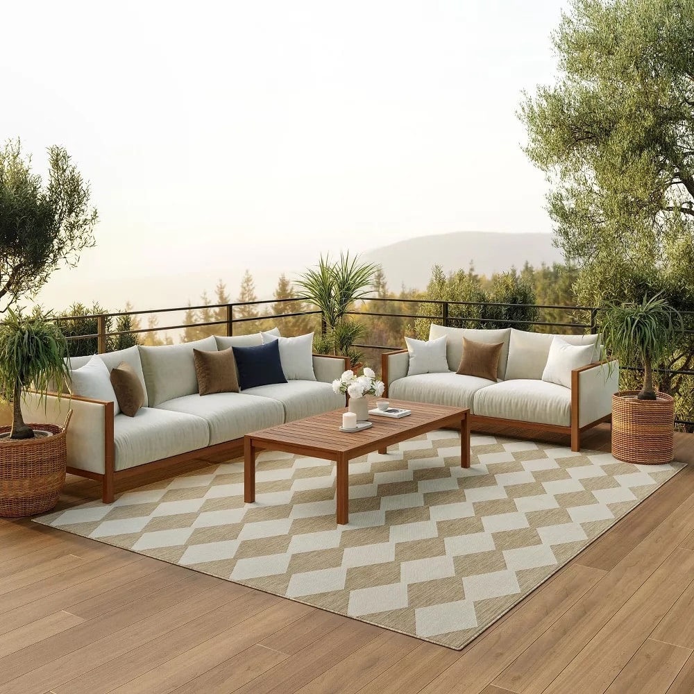 Cream and white outdoor rug on a deck from our Target home finds giude.