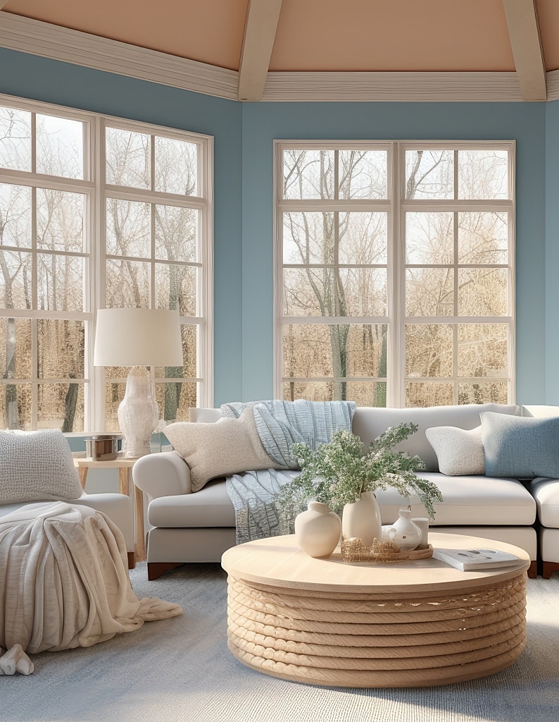 Soft blue walls in a living room with white sofas, lamps, and a round wood table from our design update guide.