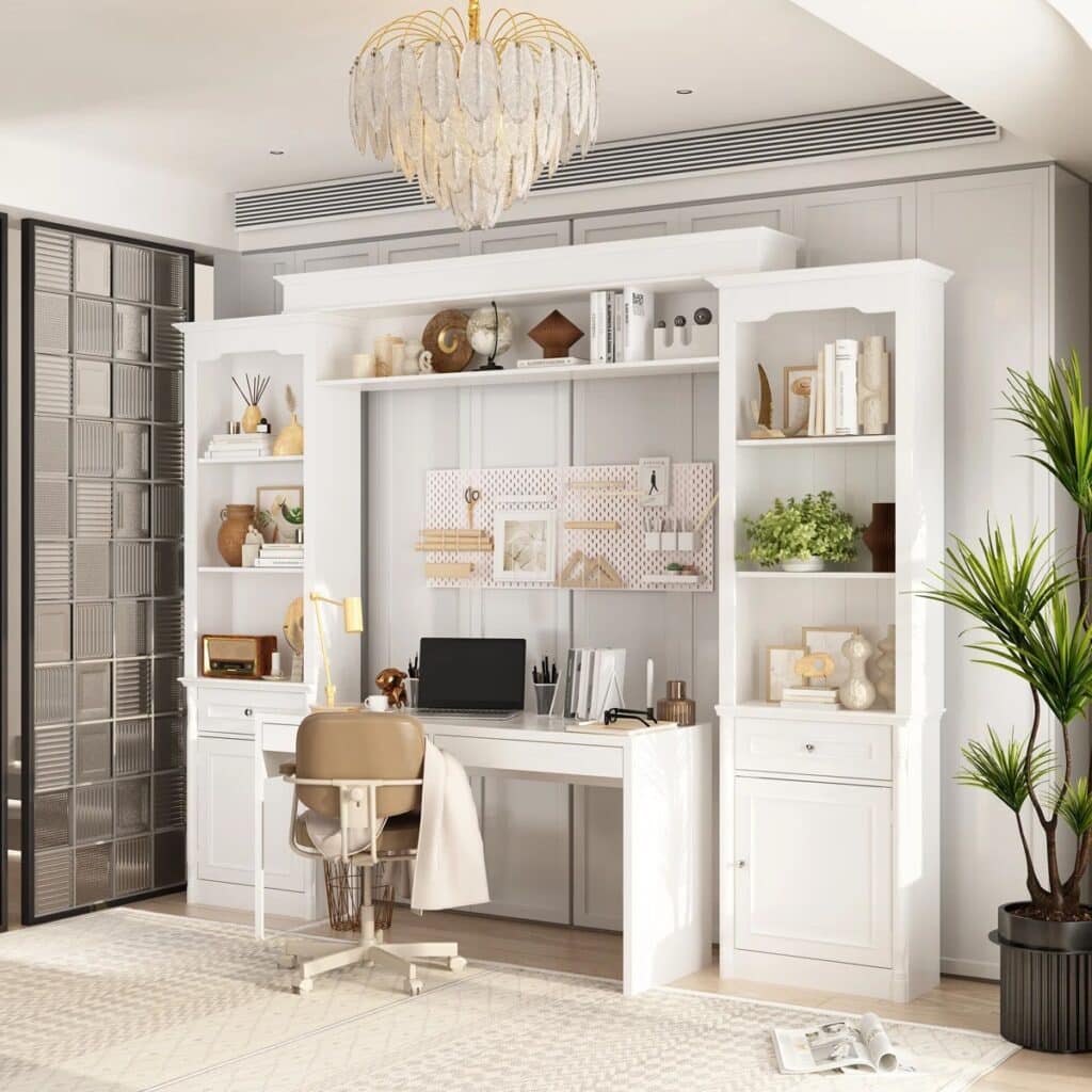 White bookcase and desk from Wayfair from our top interior design trends of 2026.