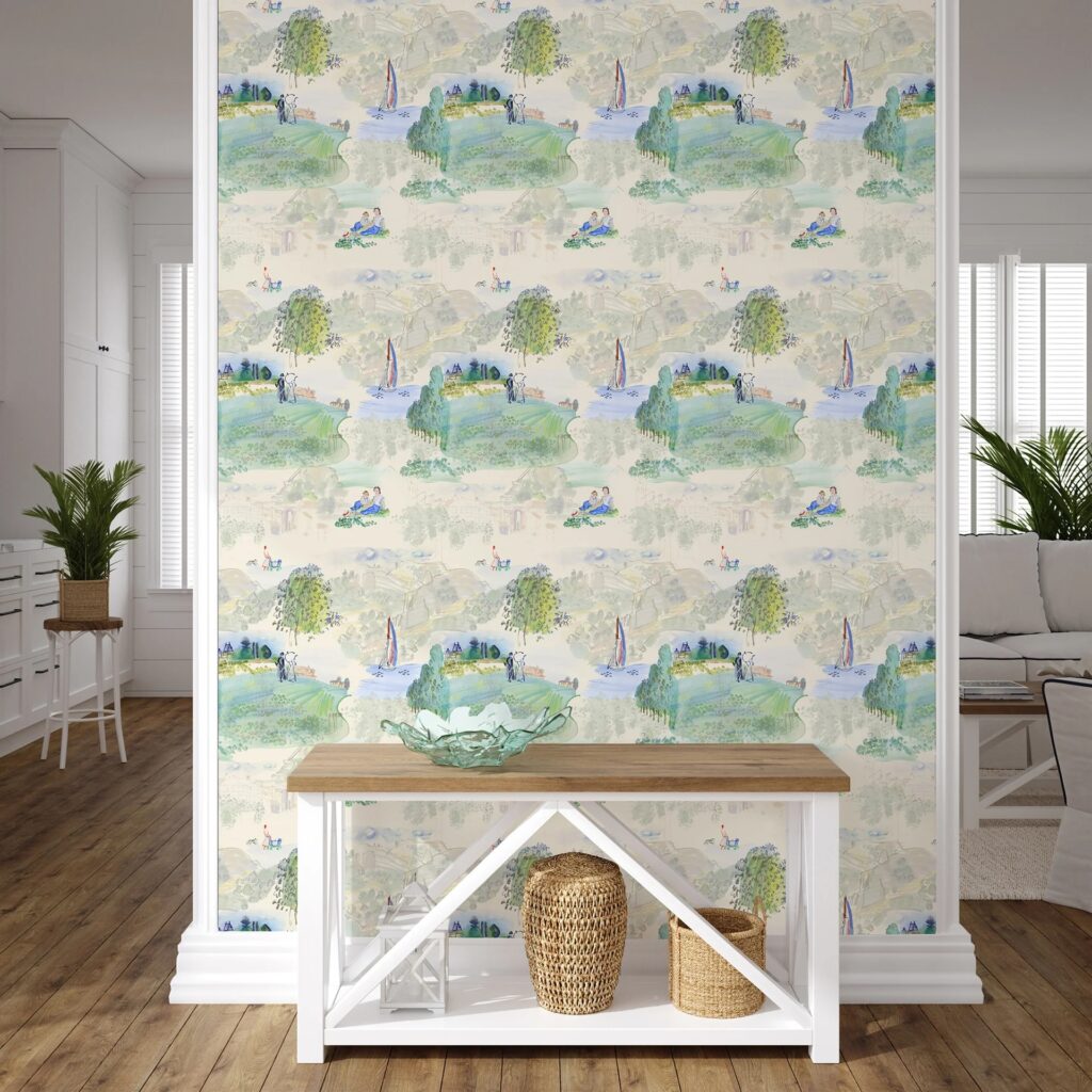 Доступные обои в Нью-Йорке от ABC Carpet & Home с дизайном Reve de Paris в зеленых и синих тонах на кремовом фоне.