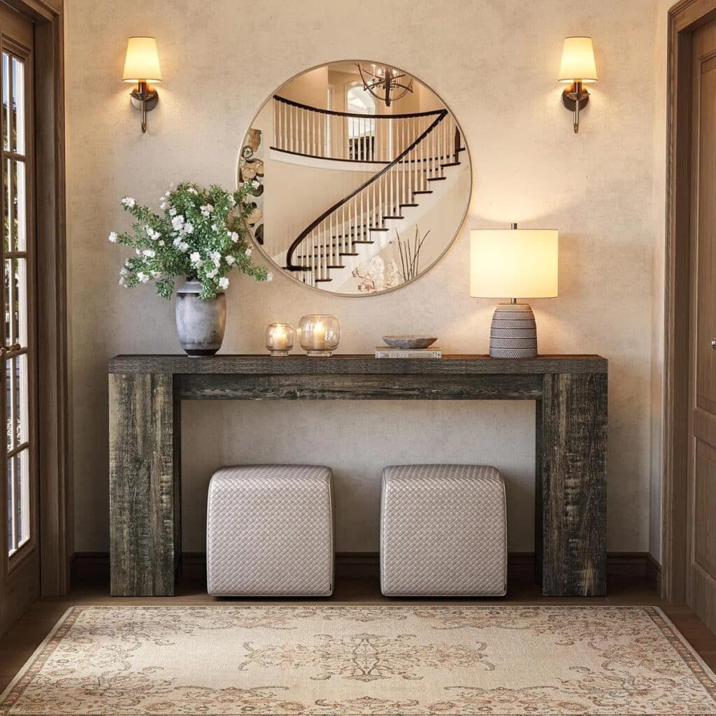entryway with console, lamp, mirror, vase, and two small ottomans tucked underneath.