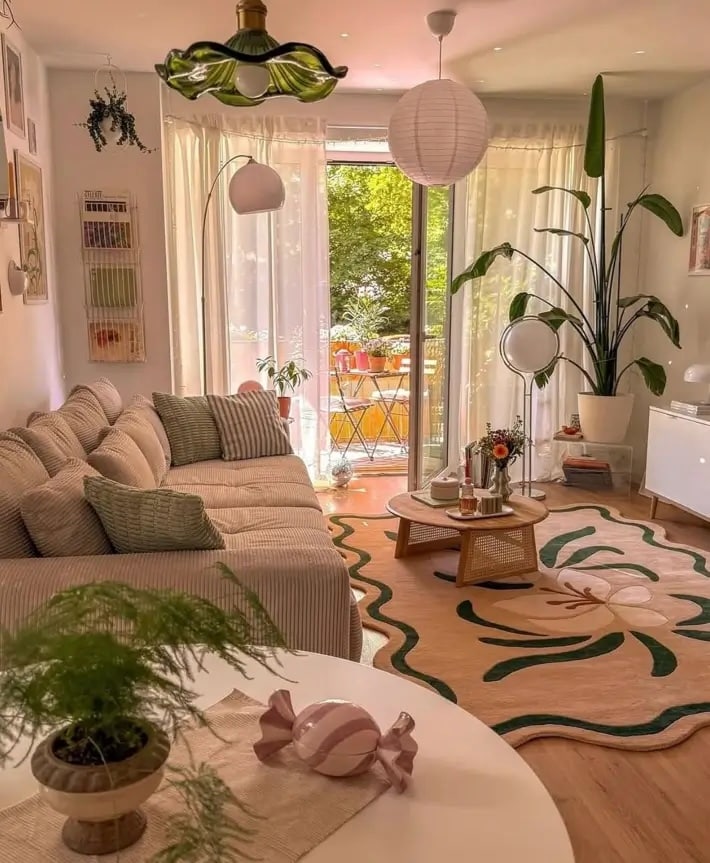 Living room with patterned rug, beige sofa, and lots of white orb layered lighting.