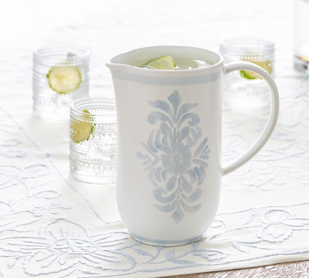 White stoneware pitcher with chambray decoration from Pottery Barn.