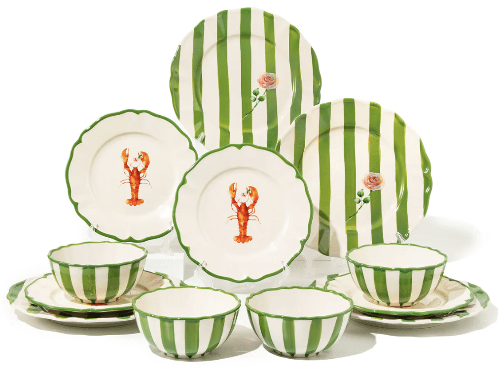 Green and white striped dinnerware from our affordable kitchenware and serveware guide.