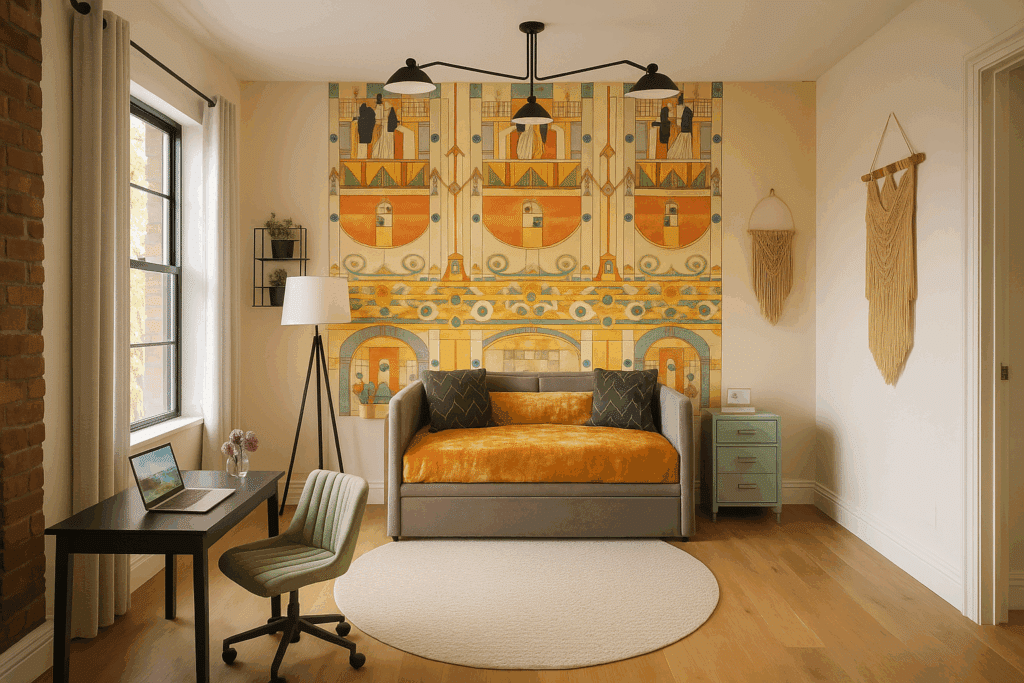 Office with orange daybed, khaki des, office chair, orange and khaki wallpaper from our where interior designers shop guide.