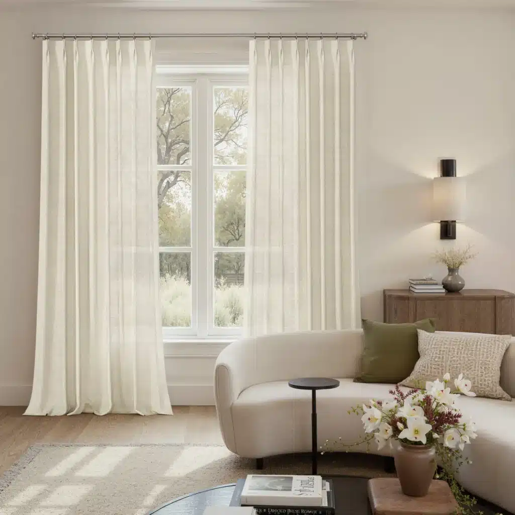 Living room with full-length drapes mounted high and brushing the floor.