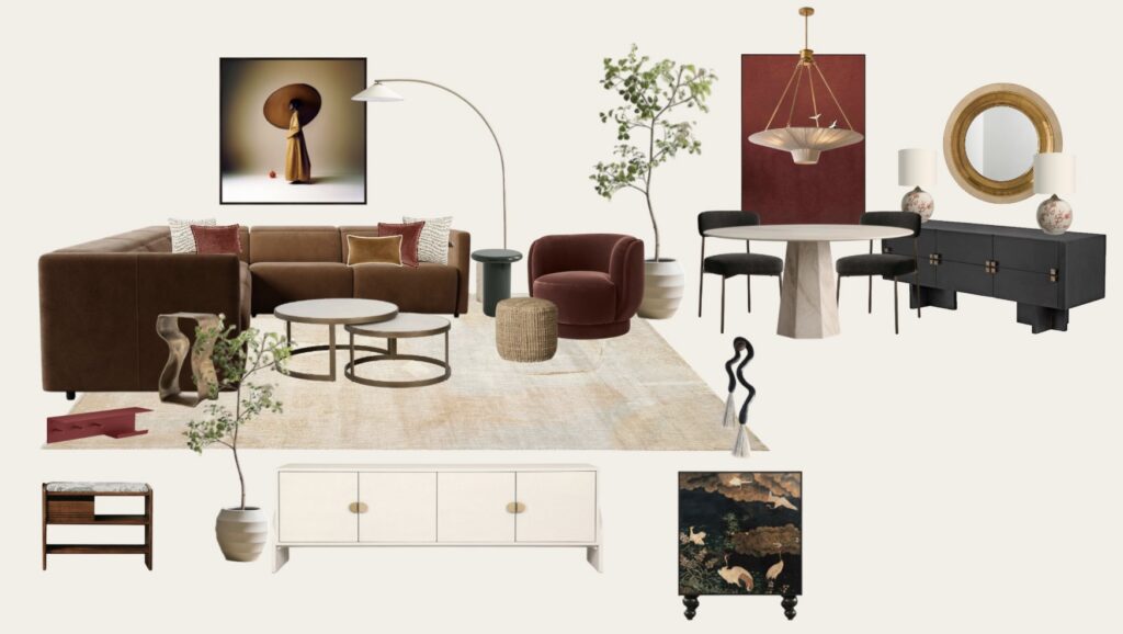 Interior design mood board with furniture, materials, and color selections.
