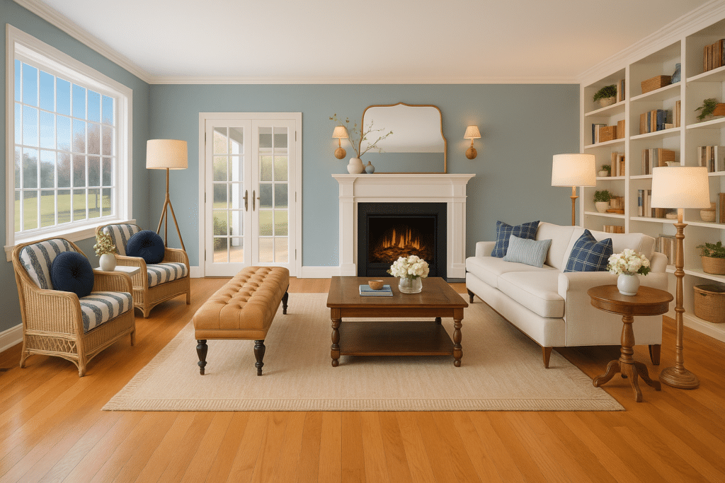 Living room with layered furniture, lighting, and decor showing a cohesive interior design plan.