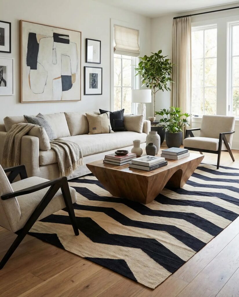 Modern space featuring a subtle chevron pattern in textiles and decor.