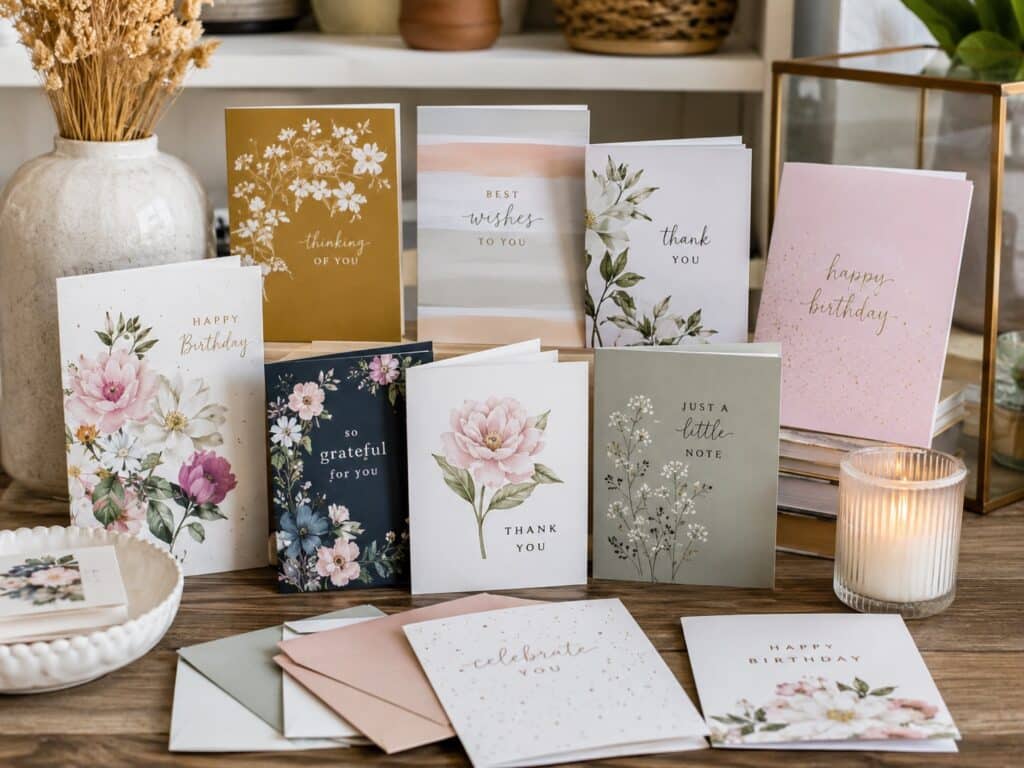 Assorted greeting cards displayed together on a desk.