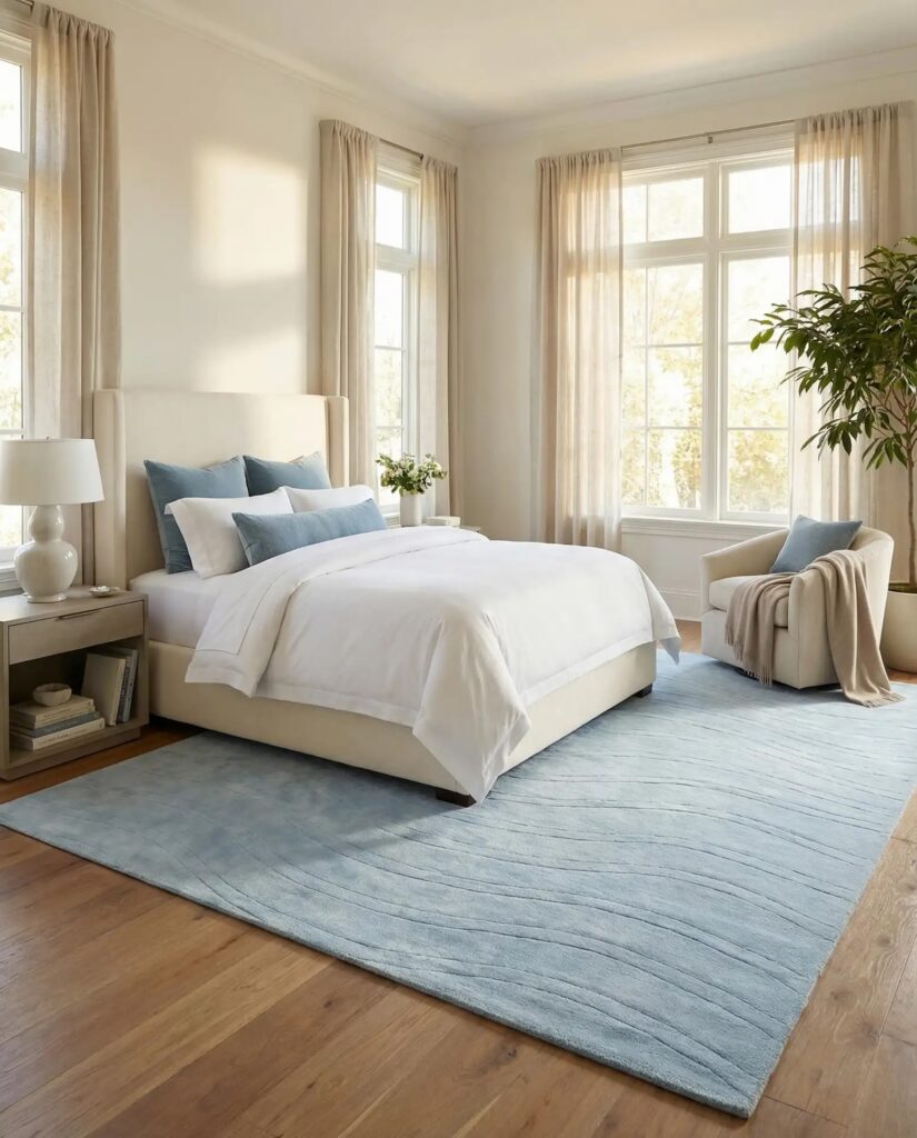 Bedroom with a soft area rug layered under a bed and nightstands.