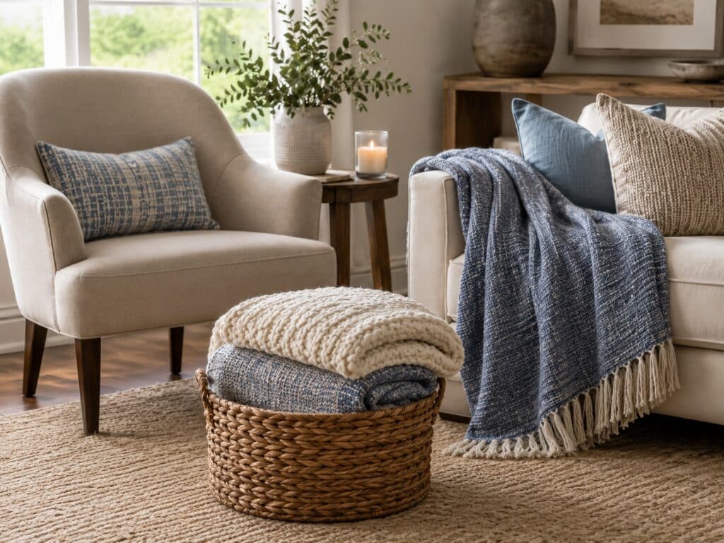 Cozy throws styled on a living room sofa and in a basket.