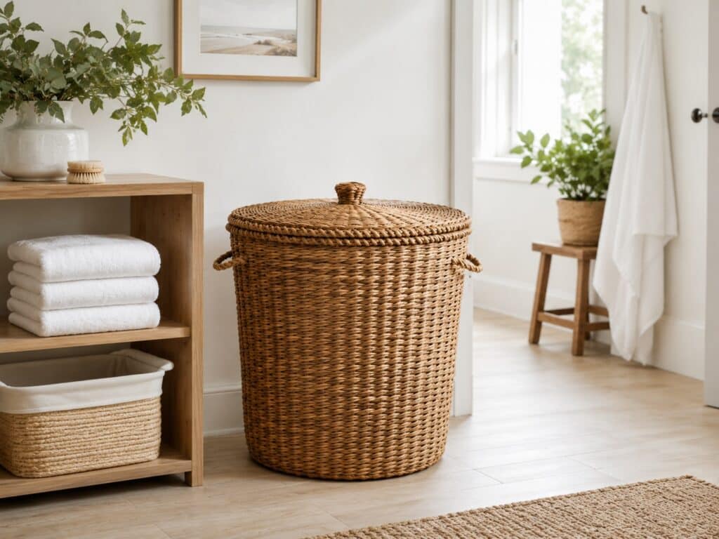 Large woven hamper used for stylish bedroom or laundry storage.