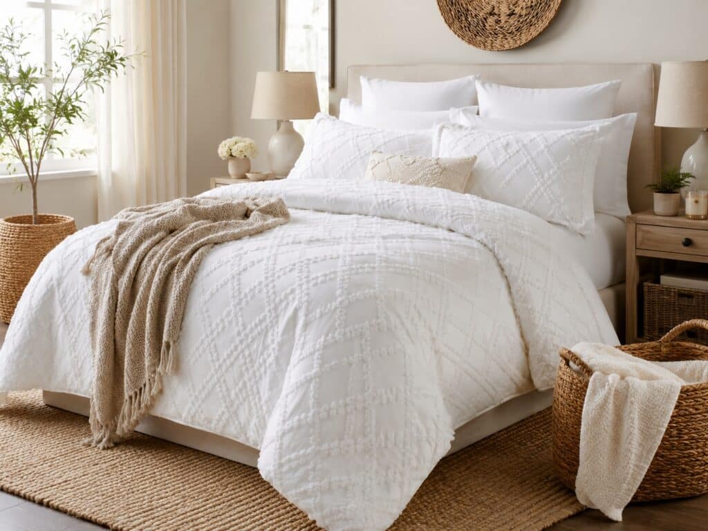 White textured comforter set with decorative shams styled on a bed.