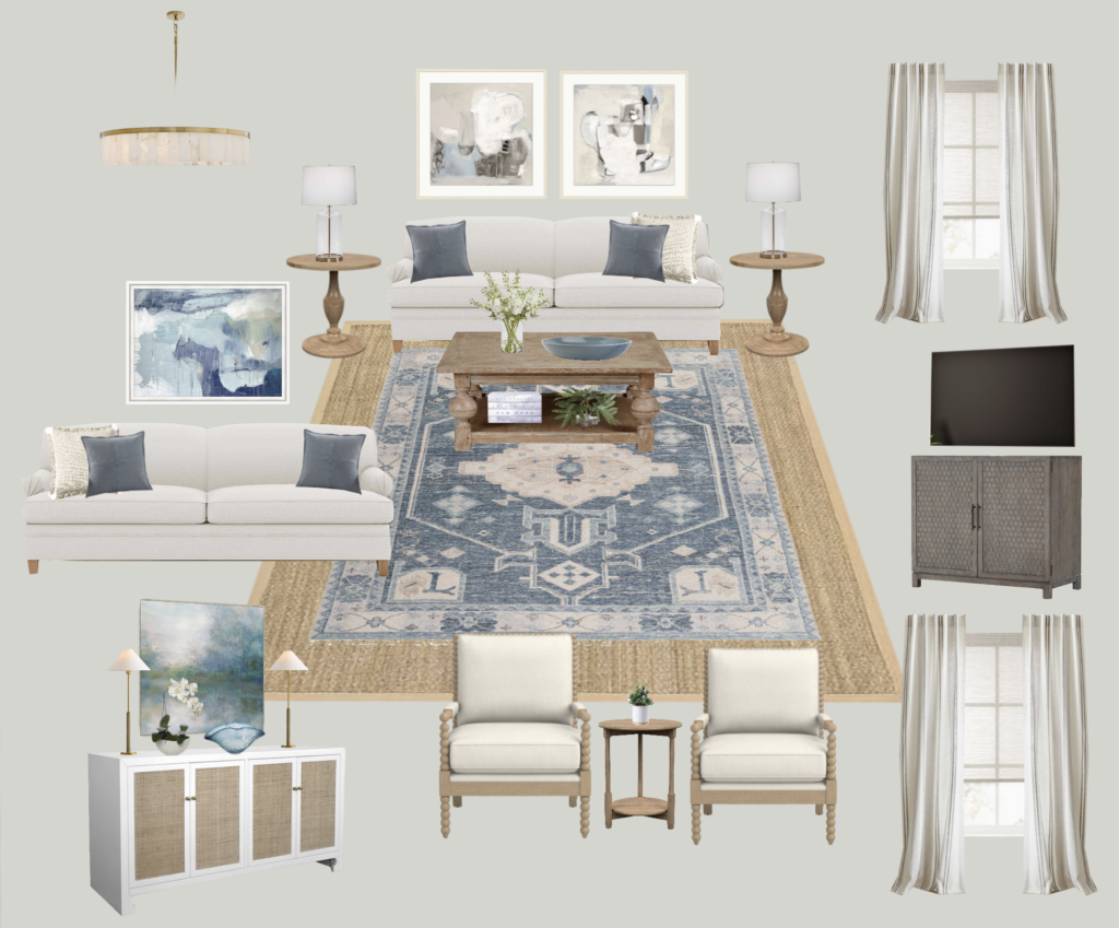 Virtual interior design plan with a mood board, floor plan, and furniture selections.